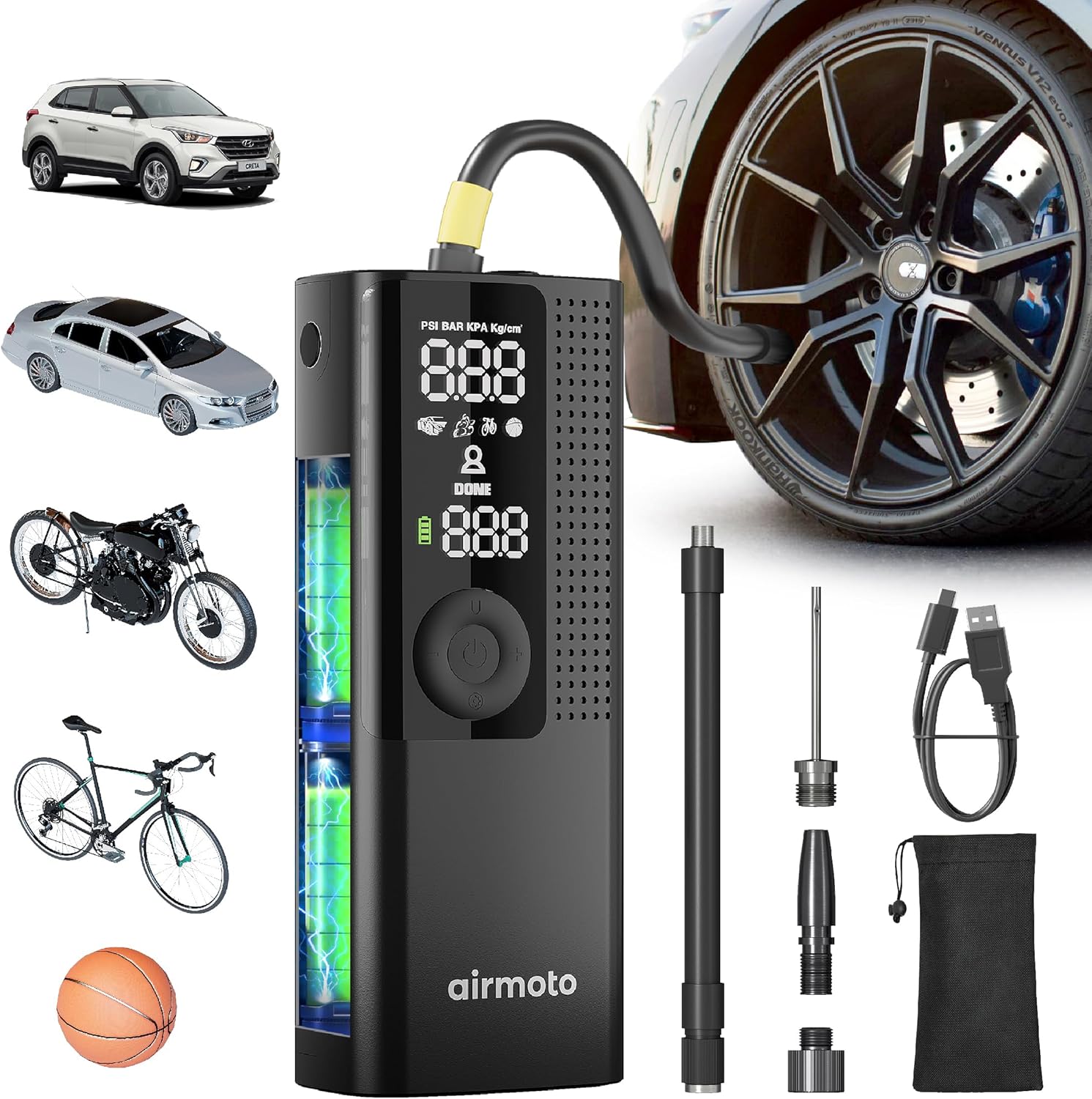 Airmoto Portable Tire Inflator in action, inflating a car tire.