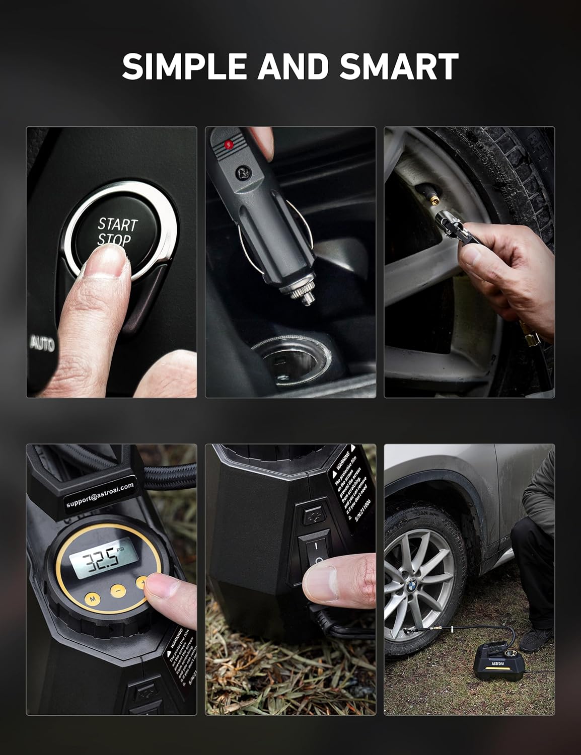 AstroAI Air Compressor with multiple nozzle attachments.