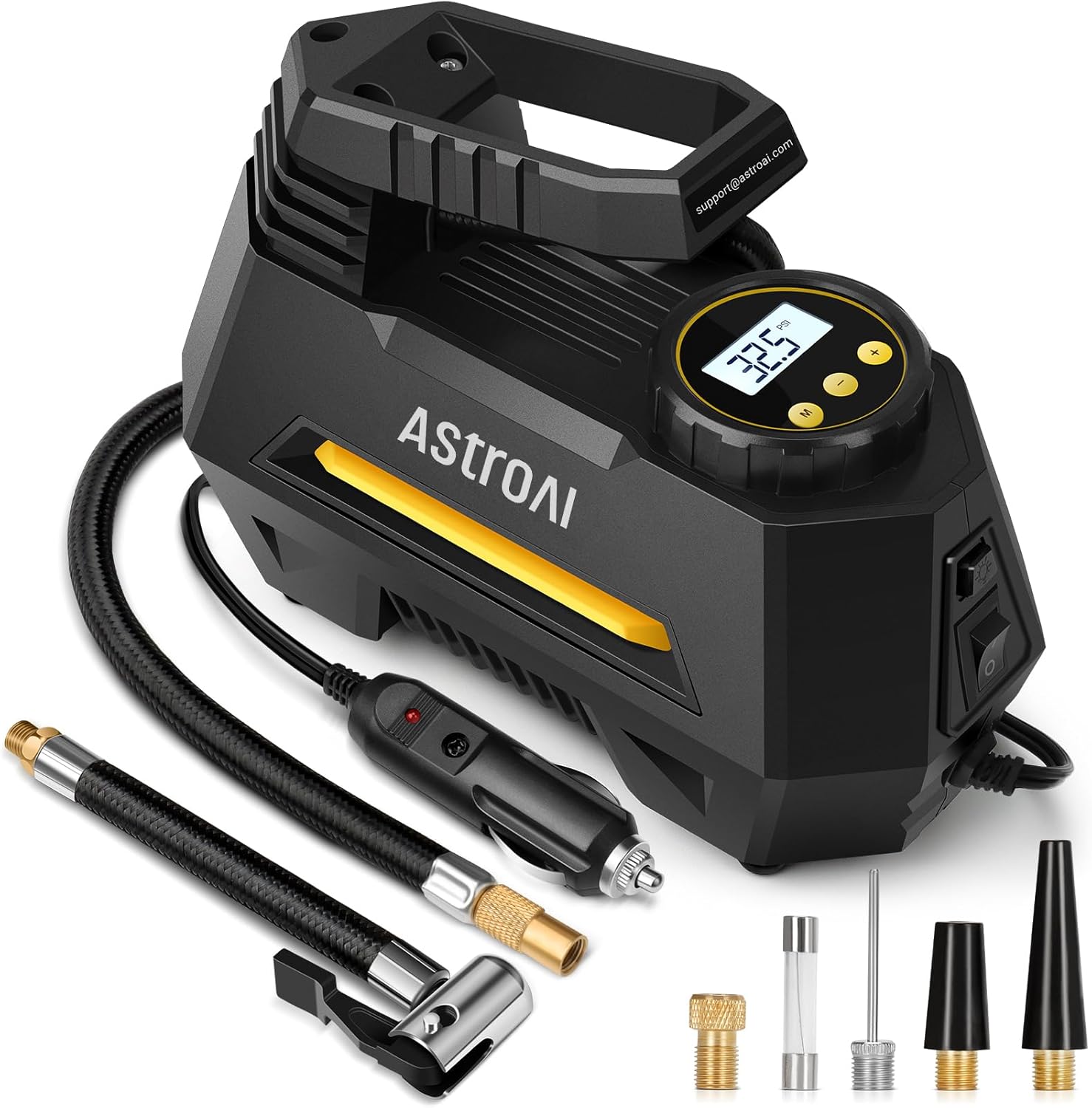 AstroAI Portable Air Compressor inflating a car tire.