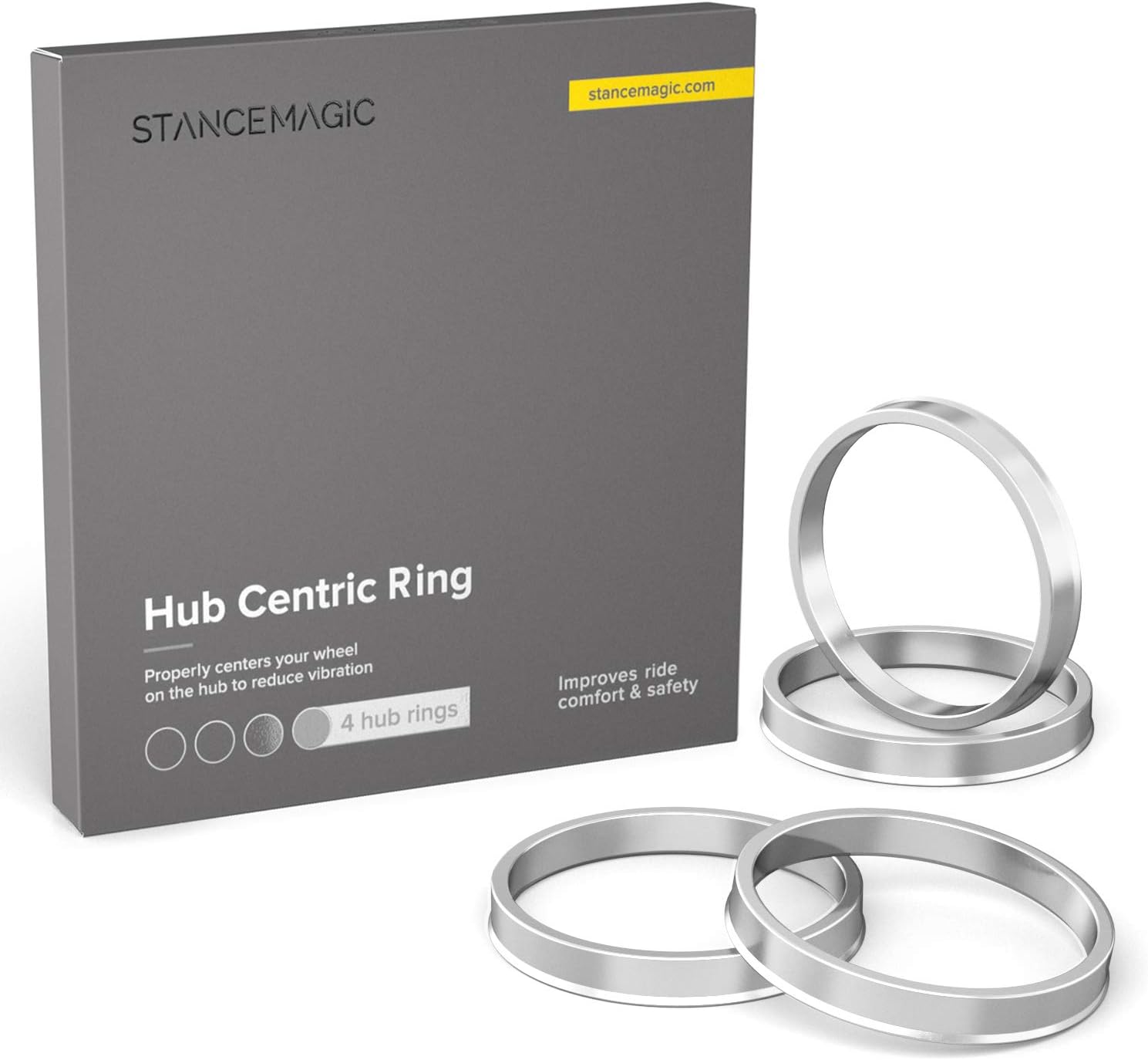 Set of silver aluminum hub rings with branded StanceMagic box