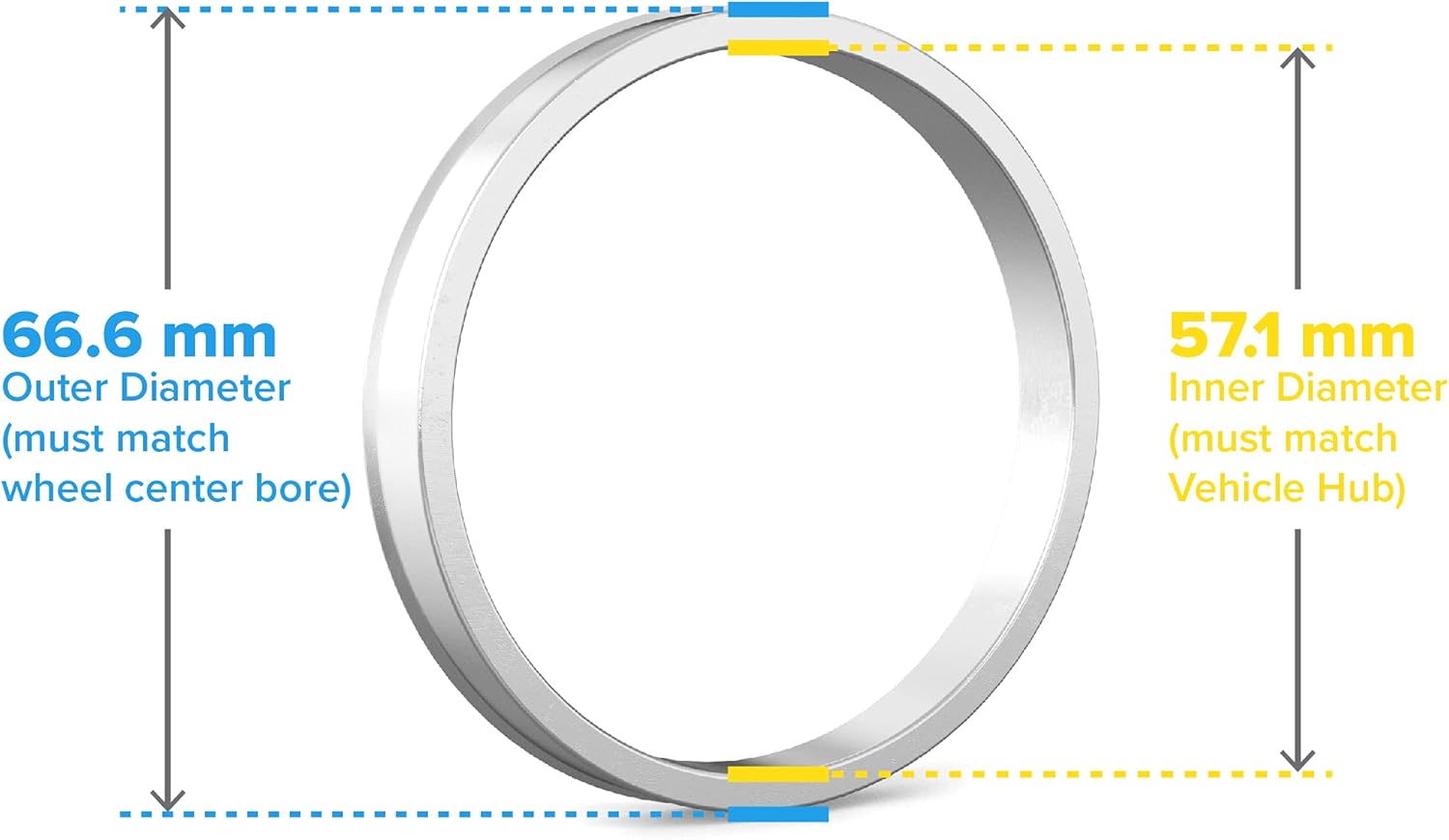 Side view of silver hub centric ring showing fitment sizing