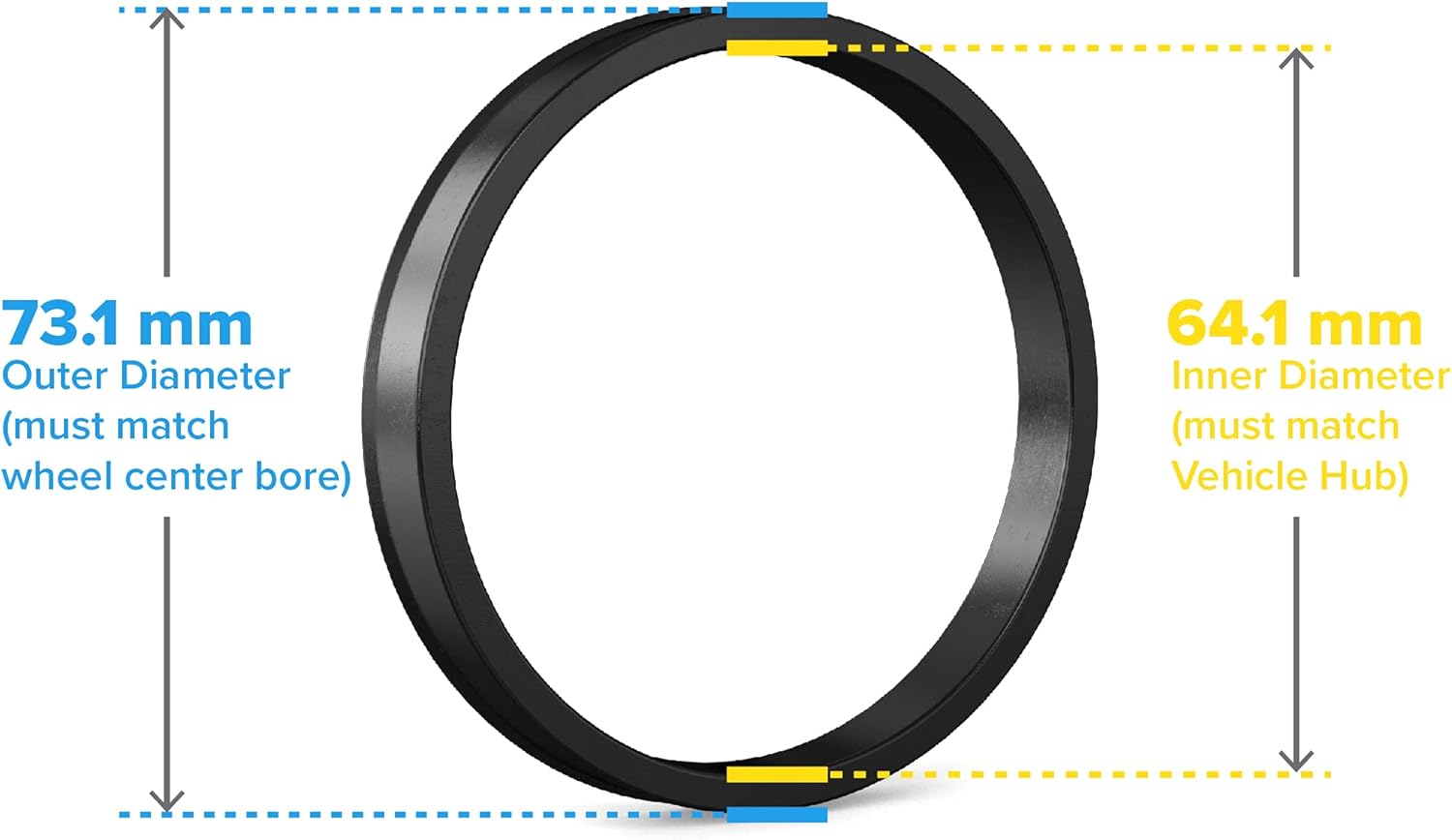 Black hub centric ring showing OD and ID alignment with vehicle and wheel