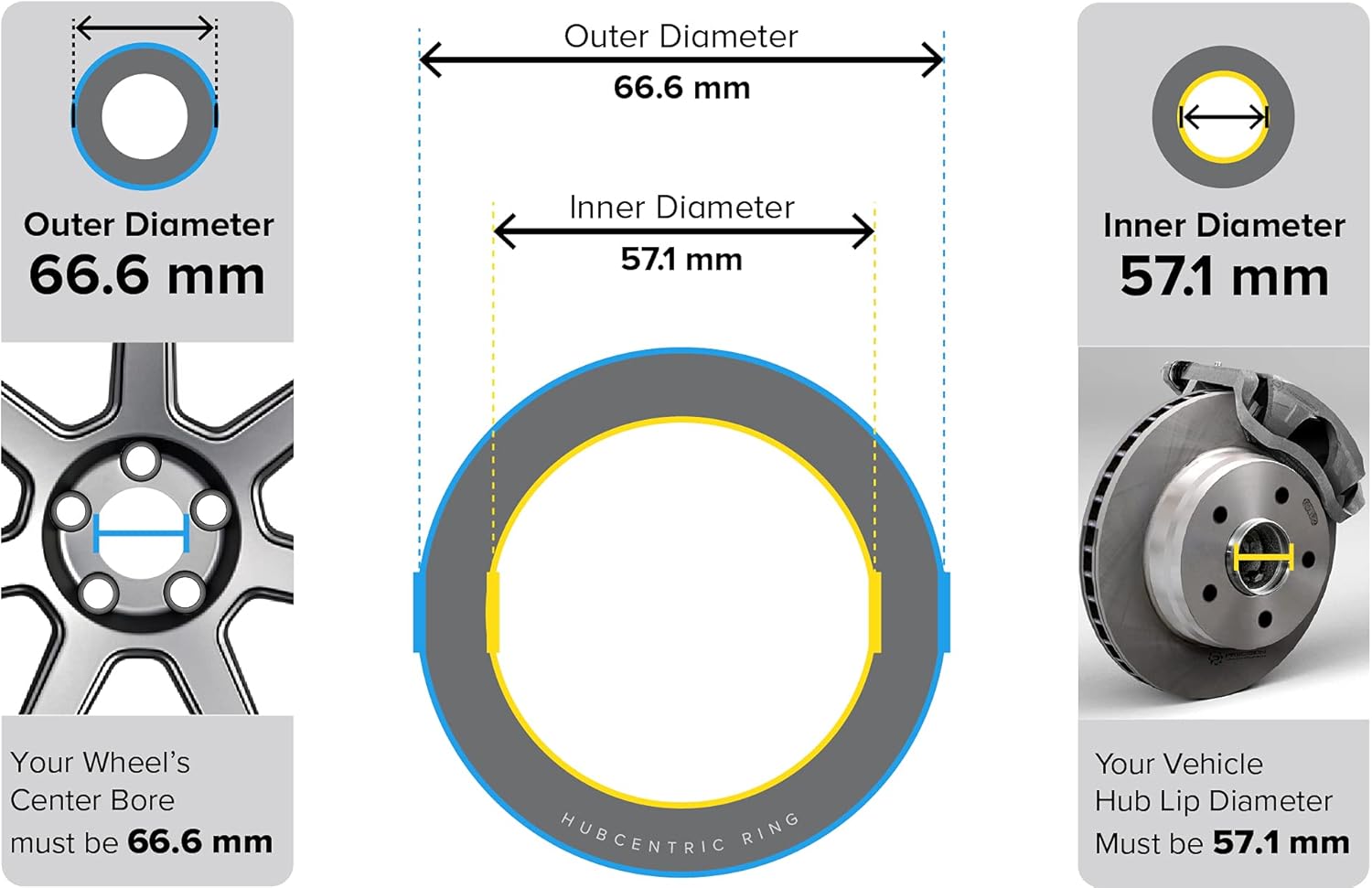 Instructional diagram showing compatibility of 66.6mm to 57.1mm ring