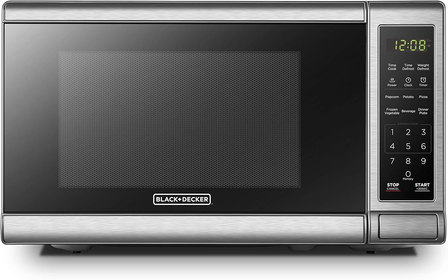 BLACK+DECKER stainless steel microwave oven with digital control panel