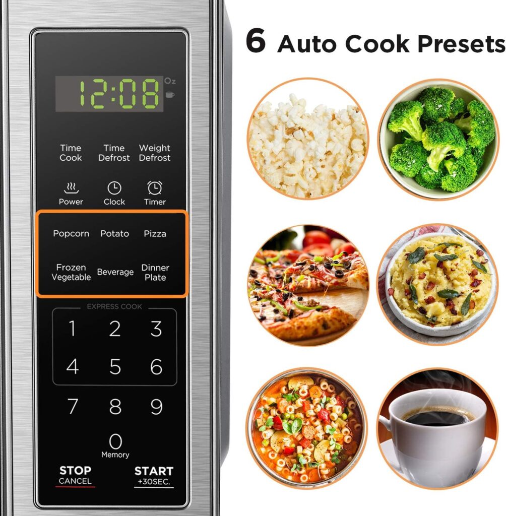 BLACK+DECKER microwave control panel showing 6 auto cook presets