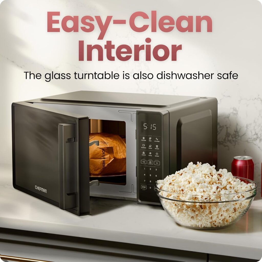 Interior view of the microwave showing the easy-clean cavity and removable glass turntable that is dishwasher safe.