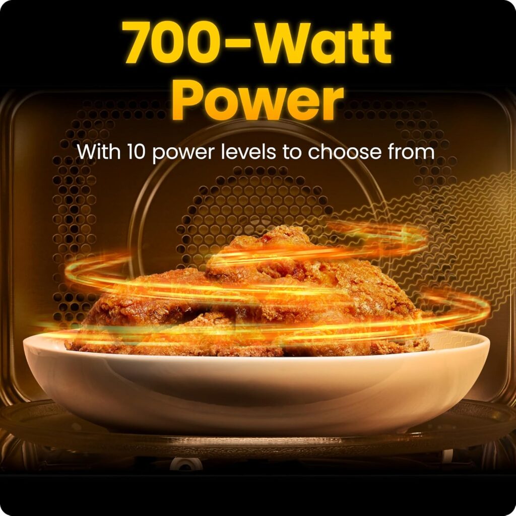 Close-up of the microwave's control panel highlighting the 700-watt power and 10 variable power level settings.