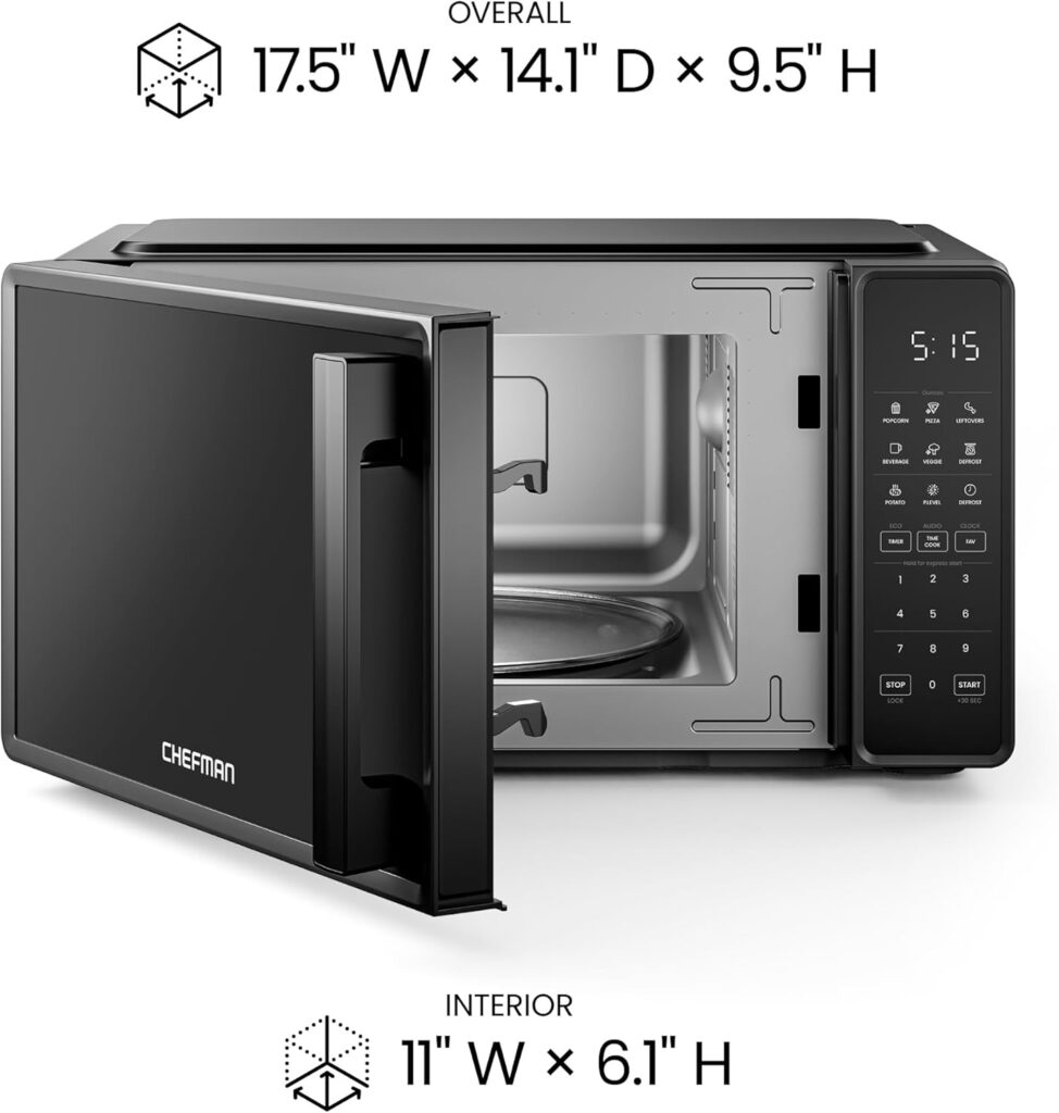 Front view of the Chefman microwave showing its control panel with numeric keypad, Start/Stop buttons, and its overall size of 17.5 inches wide.