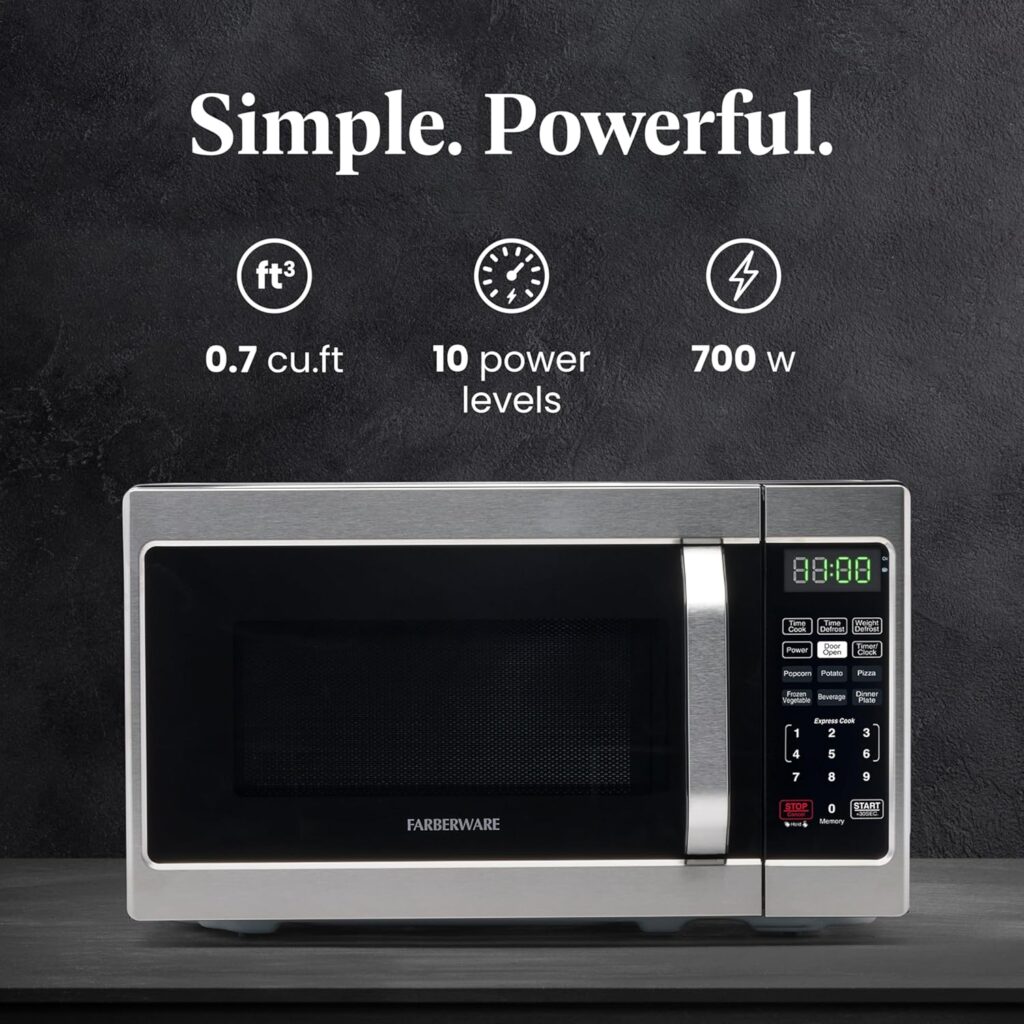 Specs for a compact Farberware microwave: 0.7 cubic foot capacity, 700 watts of power, and 10 power levels.