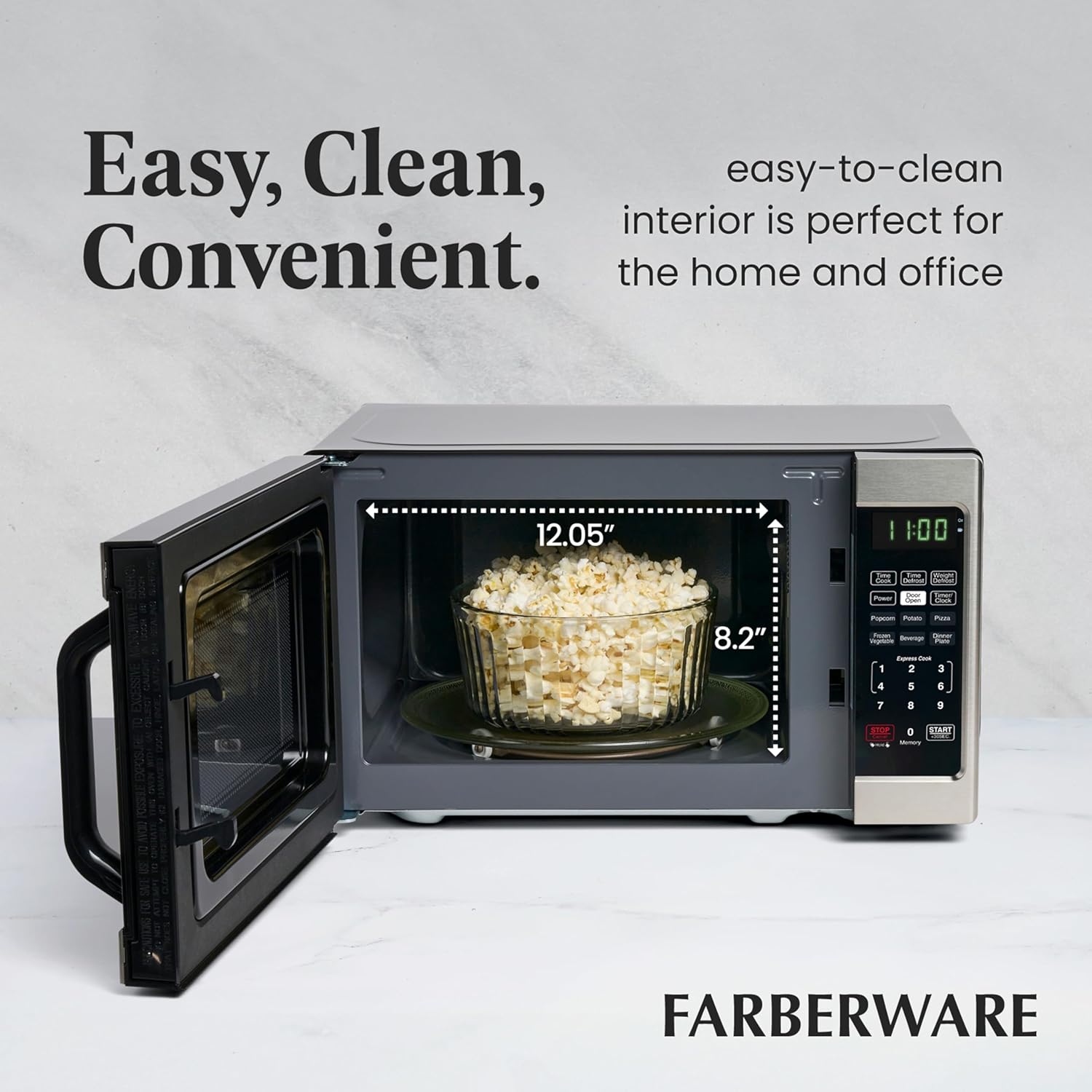 Interior view of a Farberware microwave showing its smooth, easy-to-clean cavity.