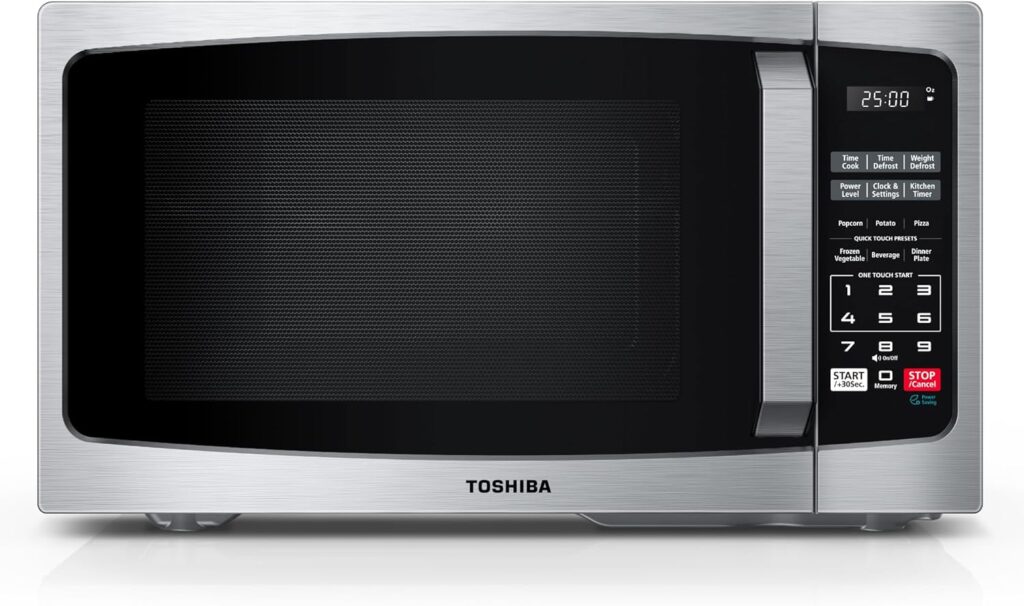 Toshiba ML-EM09PA-SS microwave oven dimensions infographic showing interior size that fits a 10-inch pizza.