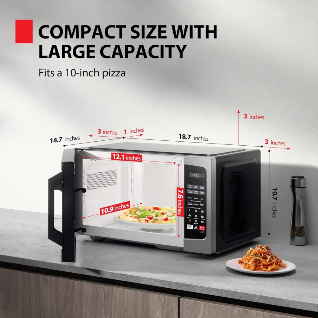 Toshiba ML-EM09PA-SS microwave oven dimensions infographic showing interior size that fits a 10-inch pizza.