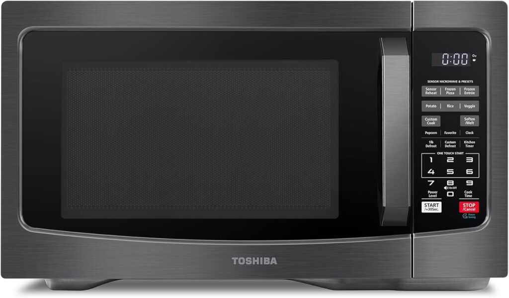 Front view of Toshiba EM131A5C-BS microwave oven in black stainless steel with digital control panel and keypad.