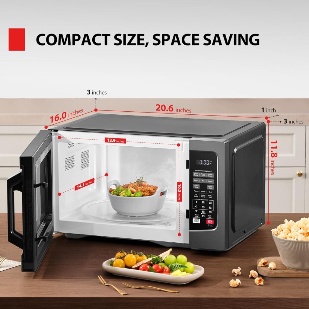 Diagram showing the space-saving compact size of the Toshiba microwave with key measurements of 16" W x 20.6" D x 11.8" H.