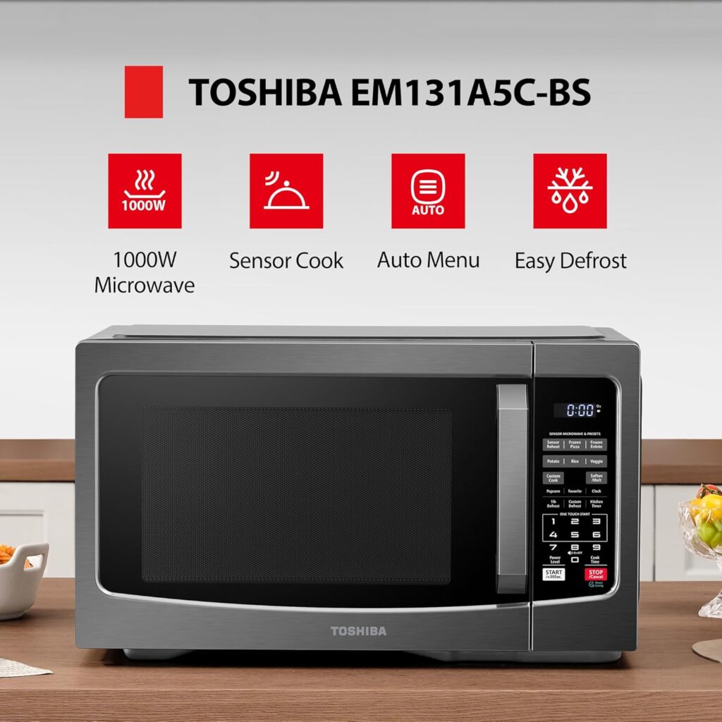 Front view of the Toshiba EM131A5C-BS microwave control panel highlighting its 1000W power, Auto Menu, and Easy Defrost settings.